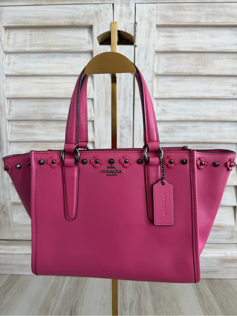 COACH MINI CROSBY CARRYALL FLORAL RIVETS PINK LEATHER F37707
